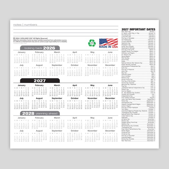 calendar design for years 2026, 2027, and 2028 with important dates